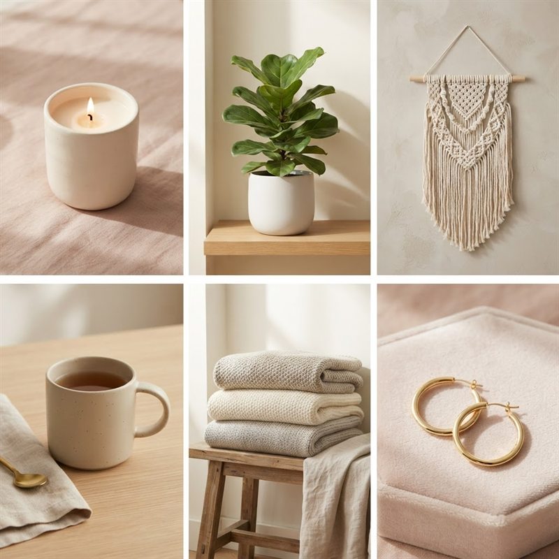 Grid of Etsy shop listings including candles, plants, textiles and jewellery